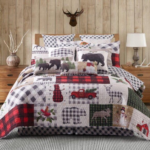 Country Lodge Patchwork 3pc F/Q or King Quilt set Christmas Winter Themed - Picture 4 of 4
